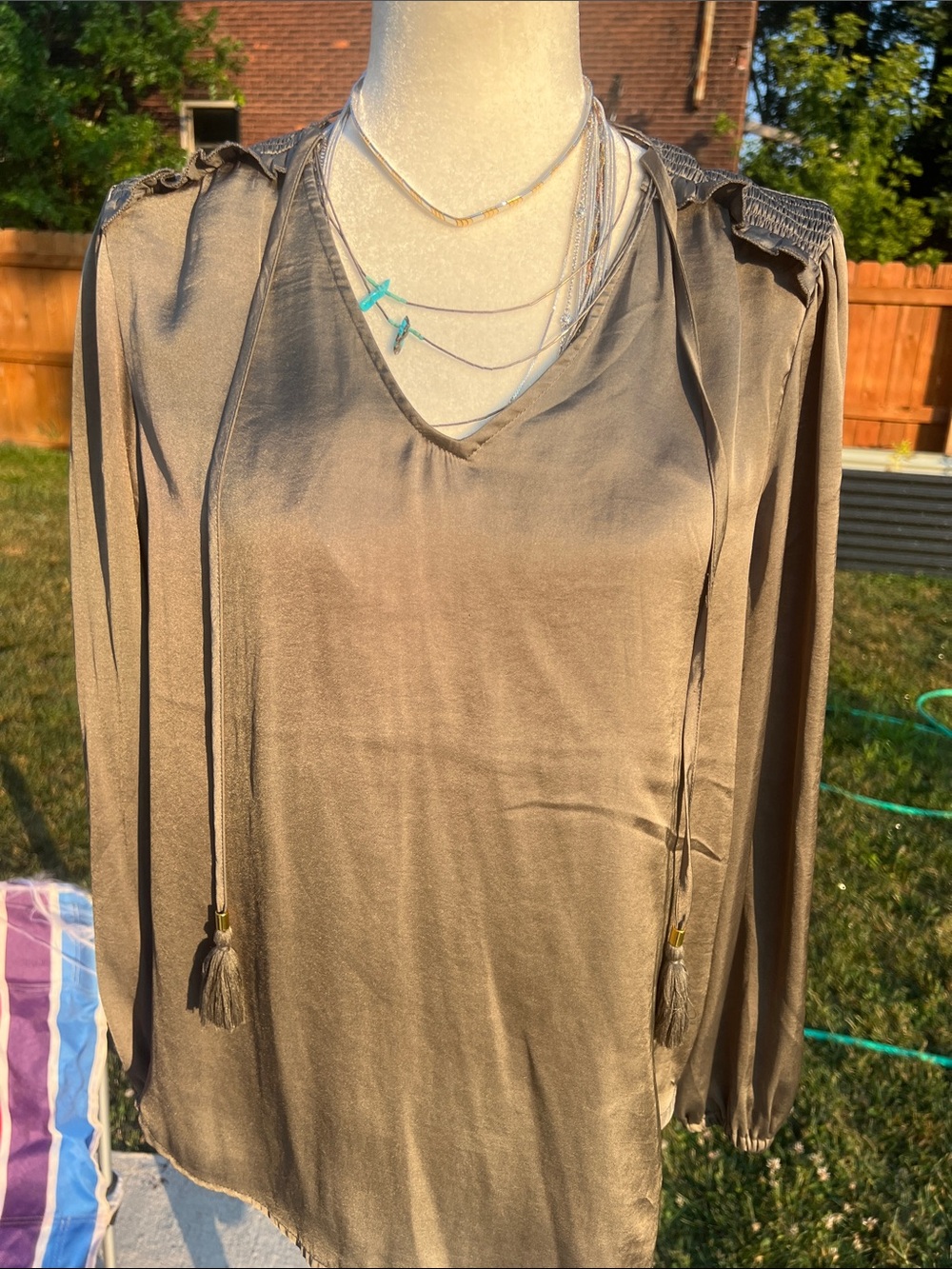 Silky Philosophy Olive-khaki V-Neck Tie-Front Blouse